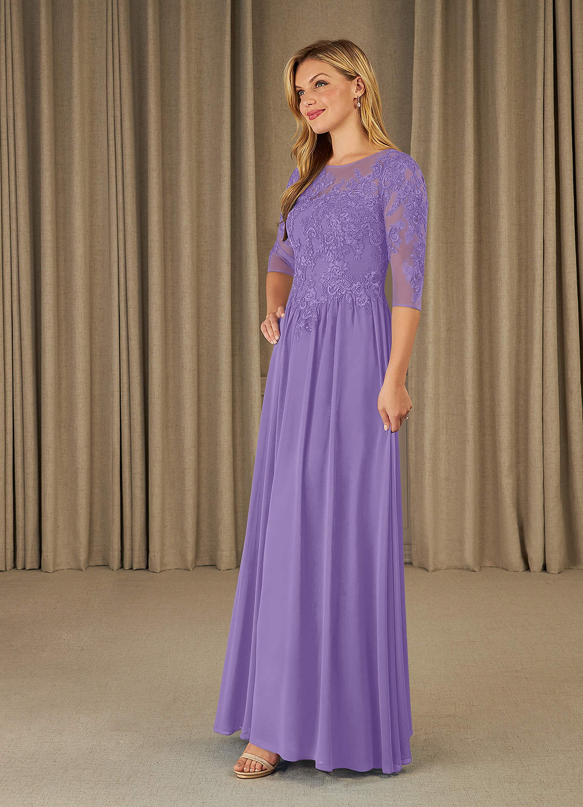 Mirielle A-Line Scoop-Neck Chiffon and Lace Mother of the Bride Dress in Tahiti