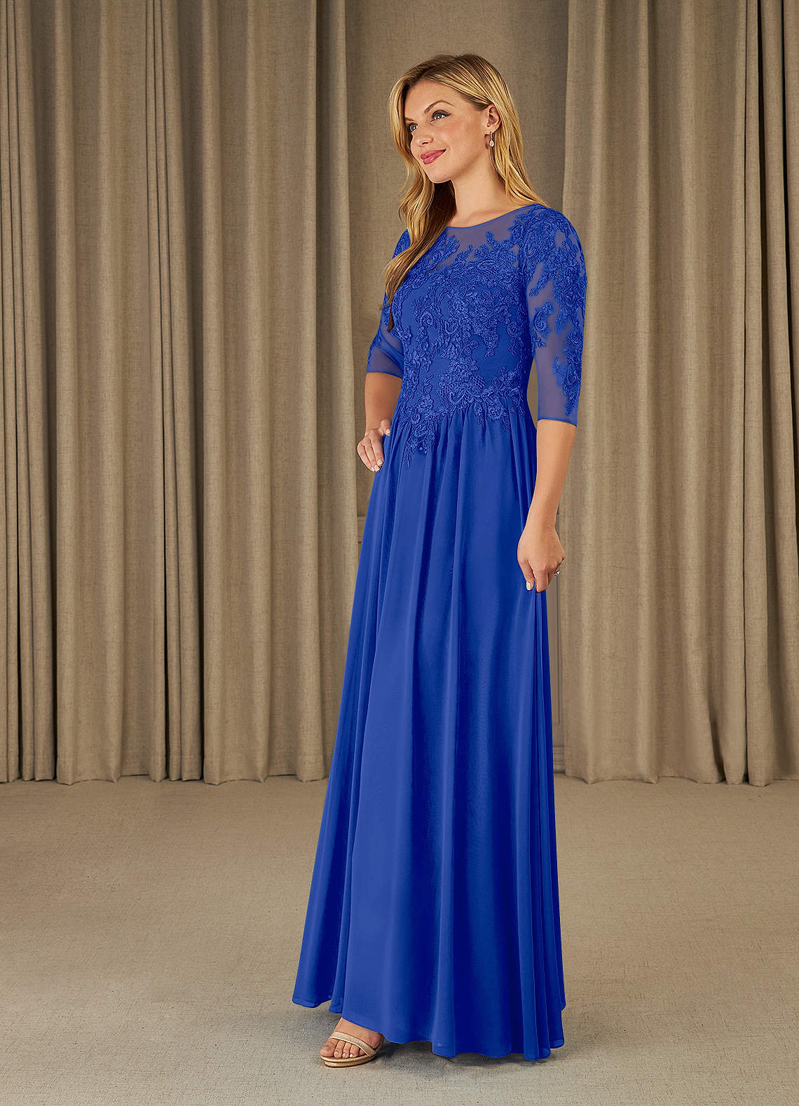 Mirielle A-Line Scoop-Neck Chiffon and Lace Mother of the Bride Dress in Royal Blue