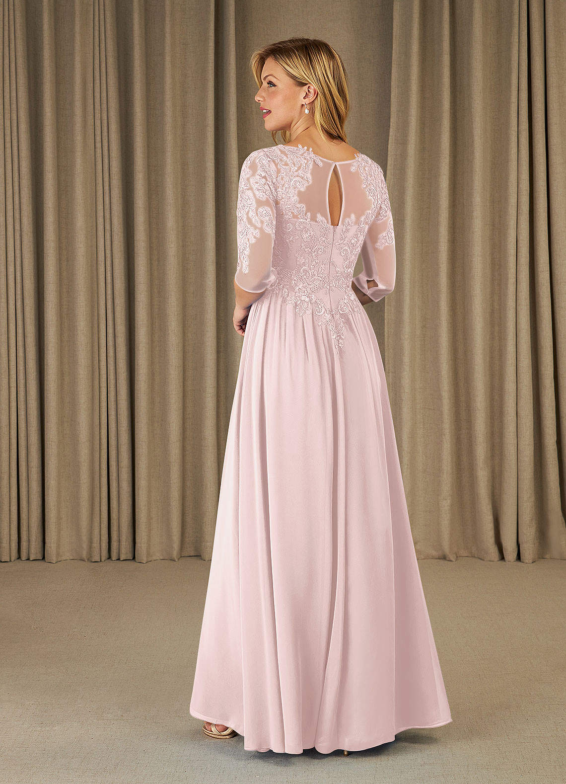 Mirielle A-Line Scoop-Neck Chiffon and Lace Mother of the Bride Dress in Blushing Pink