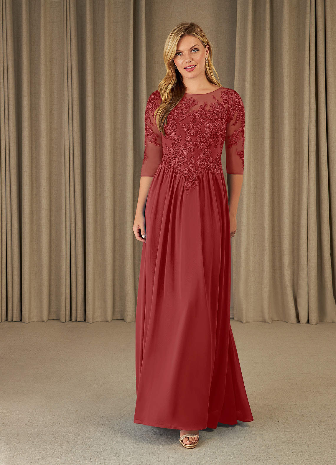 Mirielle A-Line Scoop-Neck Chiffon and Lace Mother of the Bride Dress in Burgundy