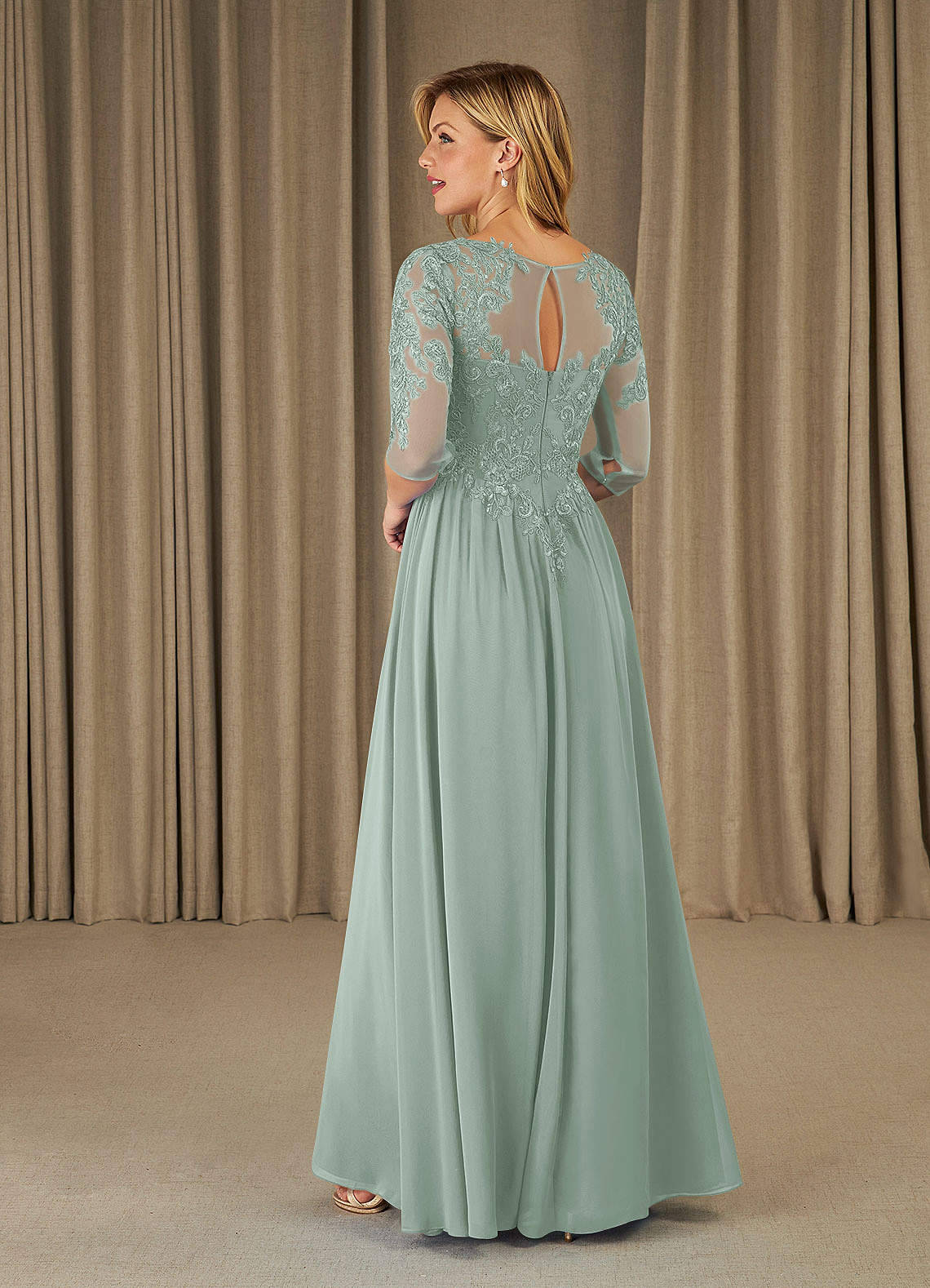 Mirielle A-Line Scoop-Neck Chiffon and Lace Mother of the Bride Dress in Agave