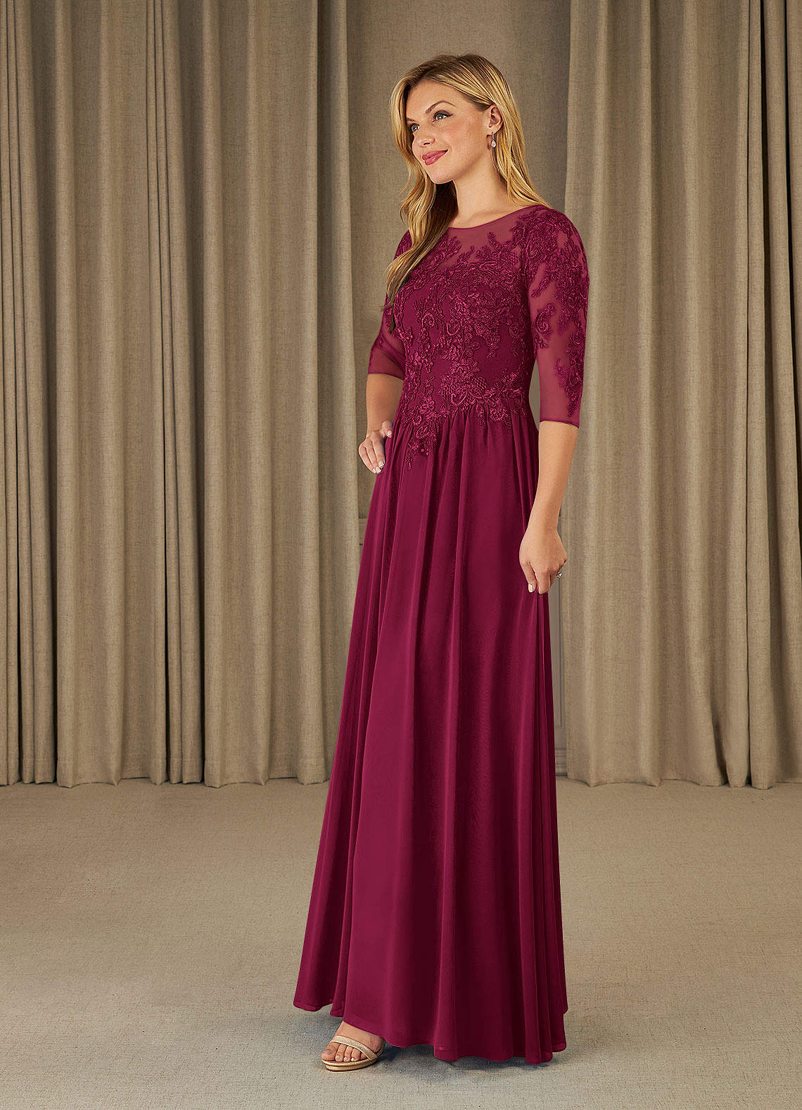 Mirielle A-Line Scoop-Neck Chiffon and Lace Mother of the Bride Dress in Cabernet