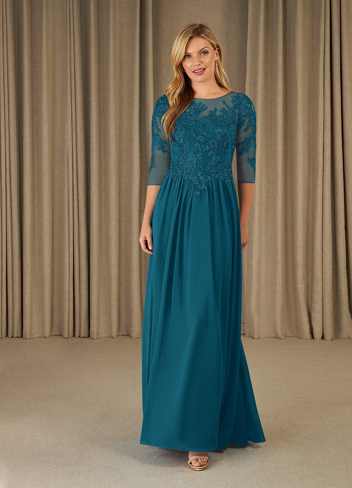 Mirielle A-Line Scoop-Neck Chiffon and Lace Mother of the Bride Dress in Ink Blue
