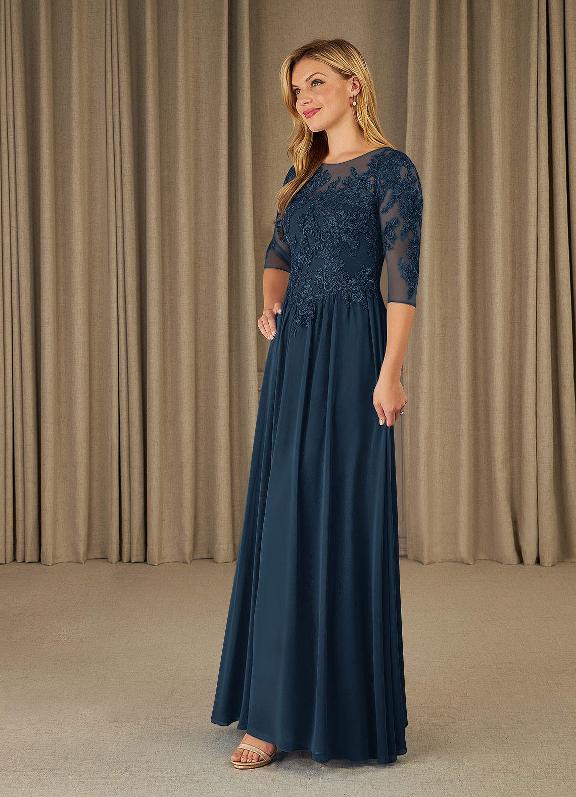 Mirielle A-Line Scoop-Neck Chiffon and Lace Mother of the Bride Dress in Dark Navy