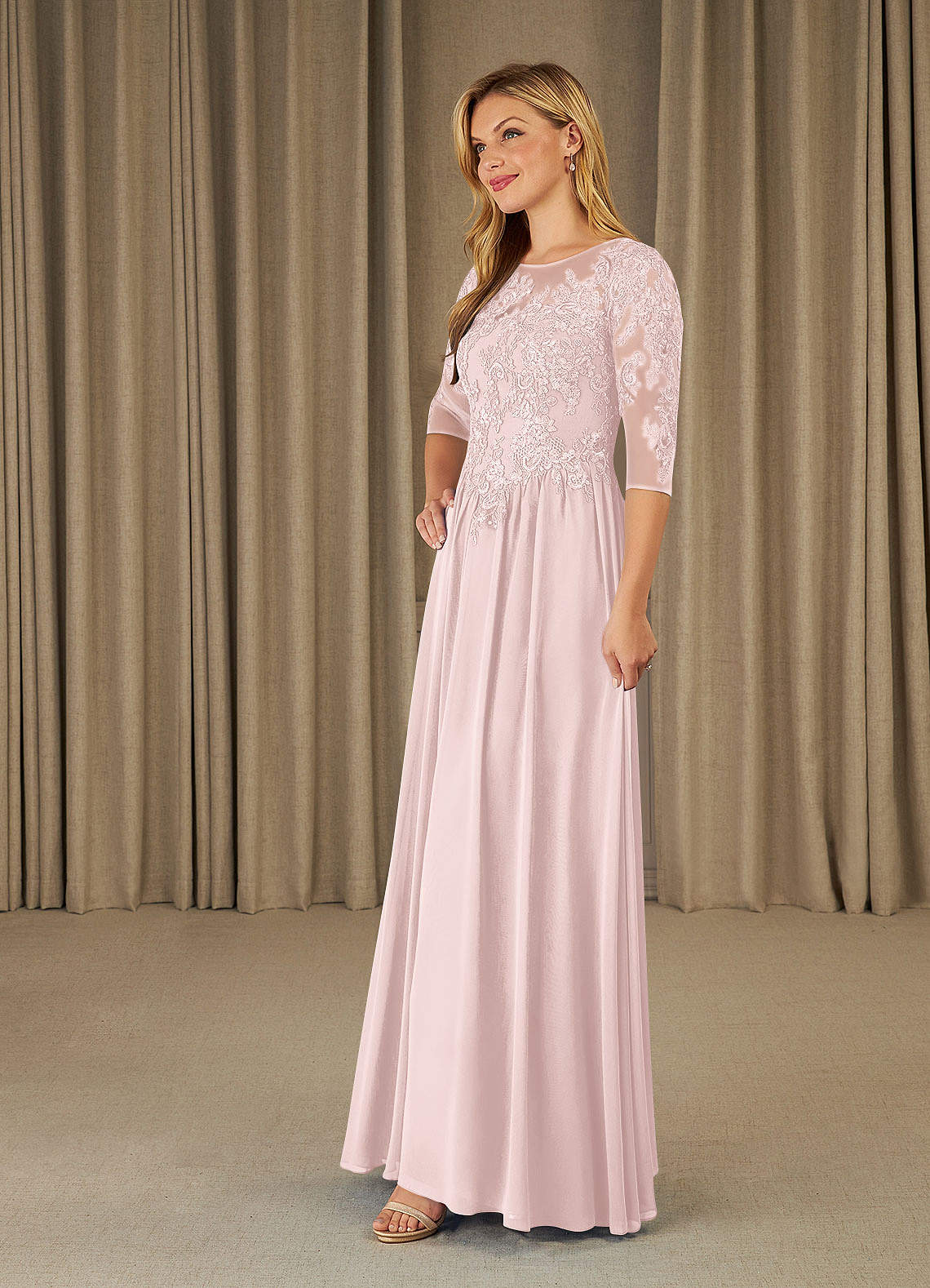 Mirielle A-Line Scoop-Neck Chiffon and Lace Mother of the Bride Dress in Blushing Pink
