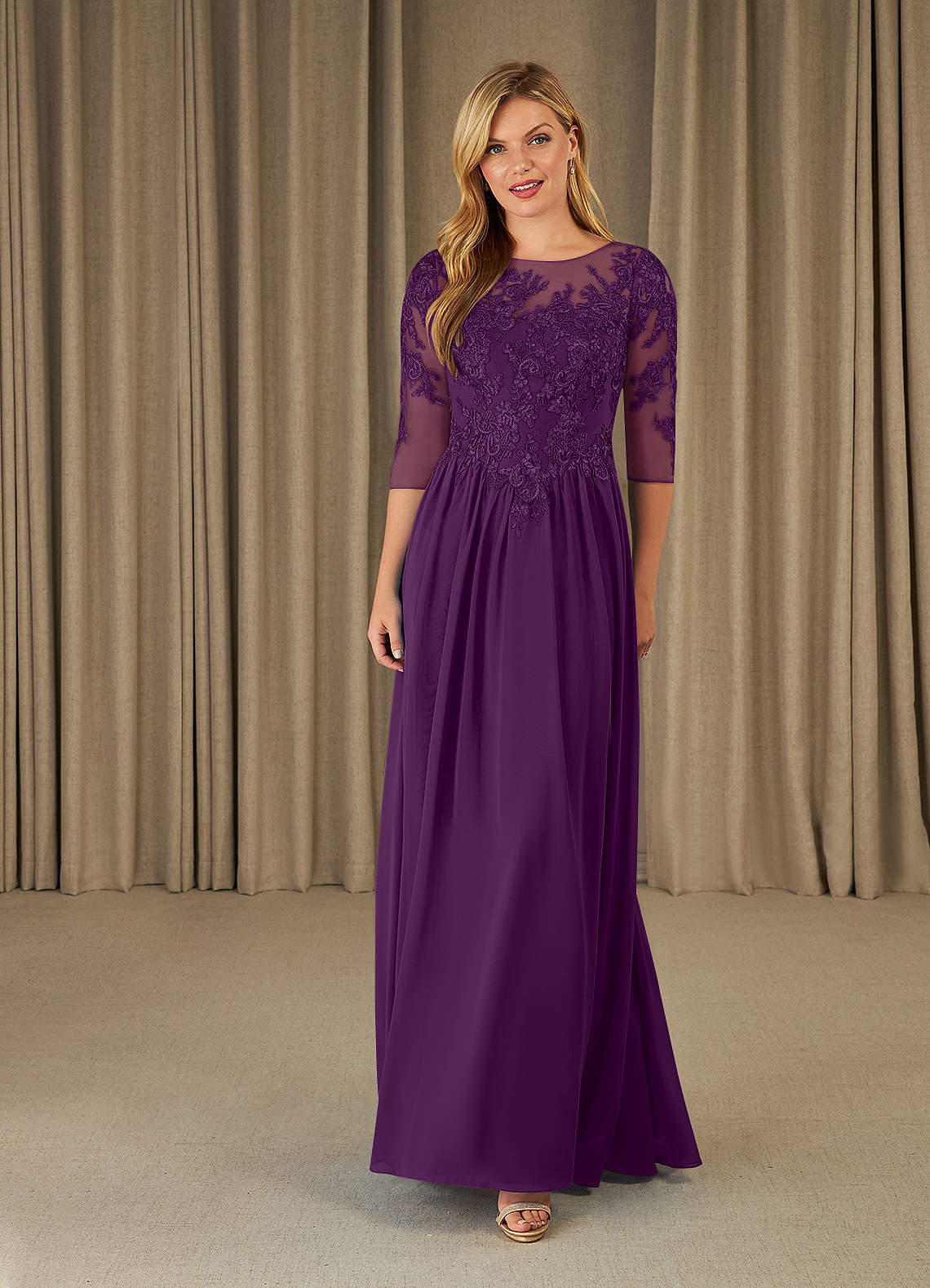 Mirielle A-Line Scoop-Neck Chiffon and Lace Mother of the Bride Dress in Plum