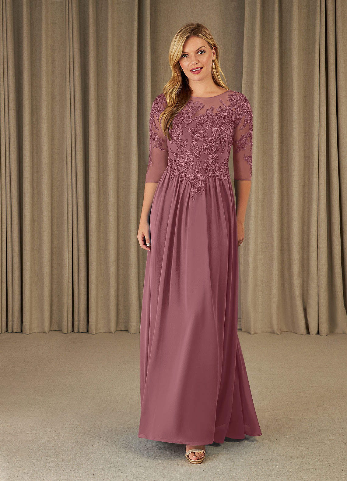 Mirielle A-Line Scoop-Neck Chiffon and Lace Mother of the Bride Dress in Grape