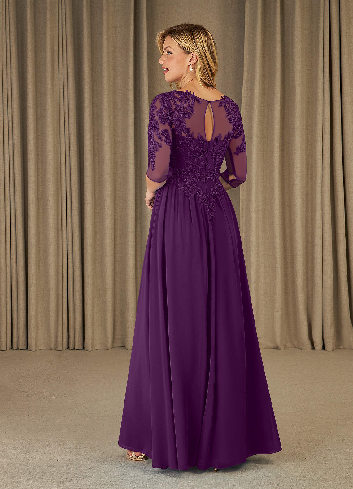 Mirielle A-Line Scoop-Neck Chiffon and Lace Mother of the Bride Dress in Plum