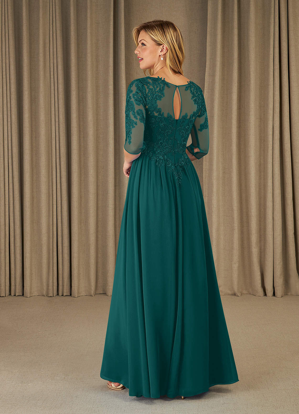 Mirielle A-Line Scoop-Neck Chiffon and Lace Mother of the Bride Dress in Peacock