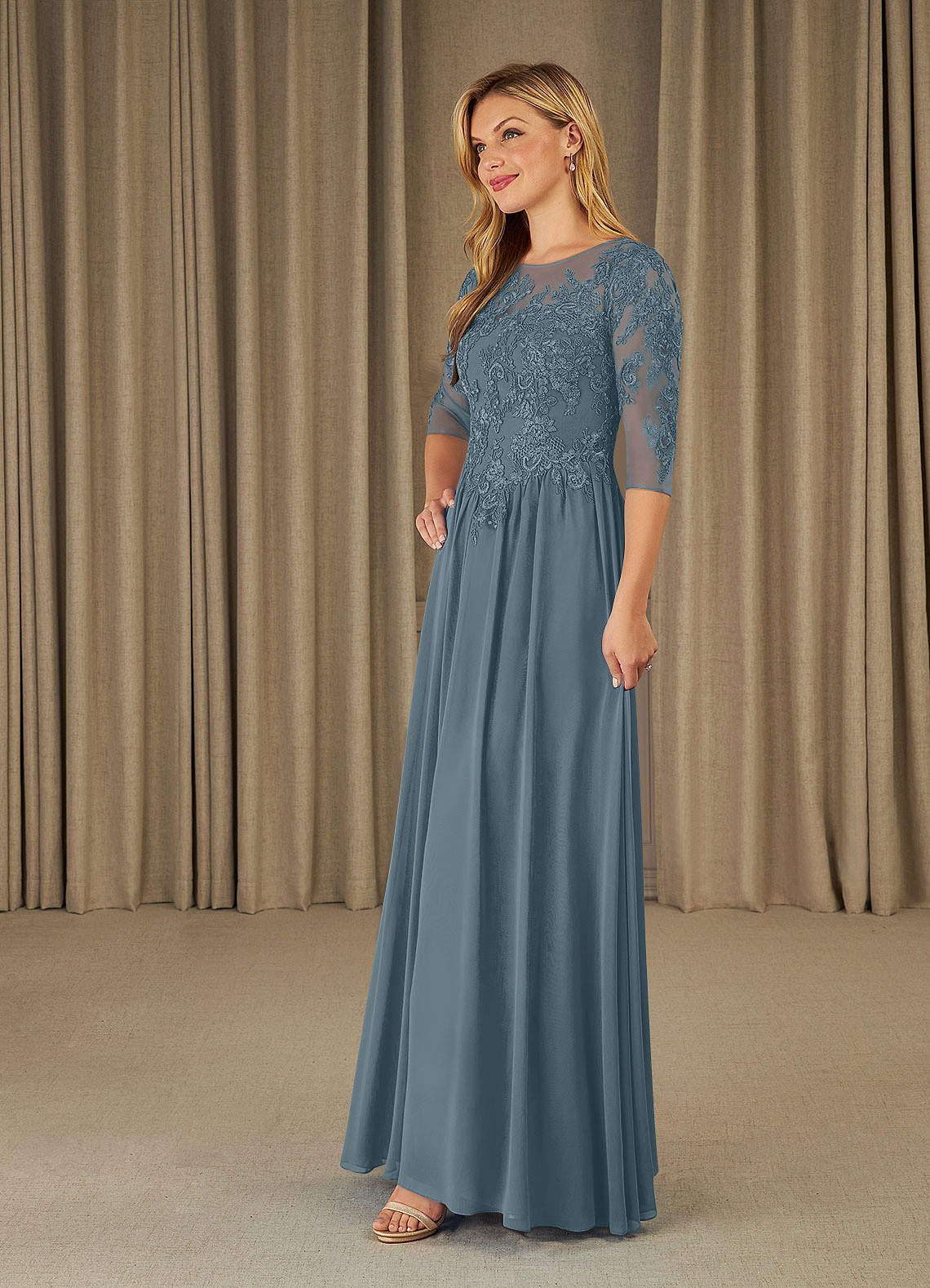 Mirielle A-Line Scoop-Neck Chiffon and Lace Mother of the Bride Dress in Twilight