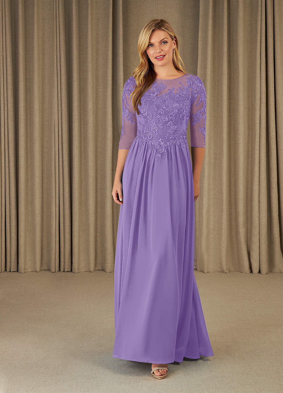 Mirielle A-Line Scoop-Neck Chiffon and Lace Mother of the Bride Dress in Tahiti