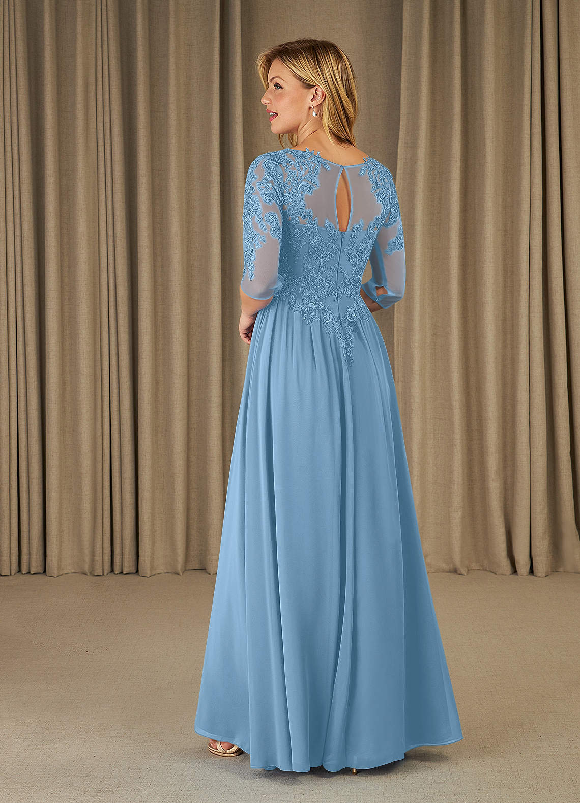 Mirielle A-Line Scoop-Neck Chiffon and Lace Mother of the Bride Dress in Steel Blue