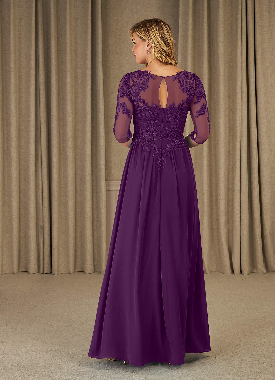 Mirielle A-Line Scoop-Neck Chiffon and Lace Mother of the Bride Dress in Plum