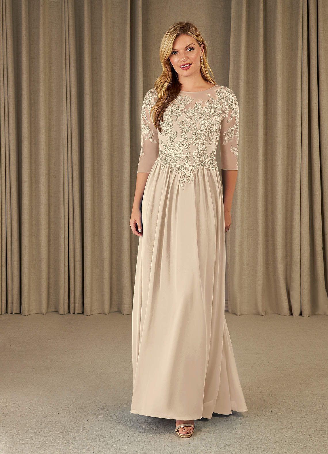 Mirielle A-Line Scoop-Neck Chiffon and Lace Mother of the Bride Dress in taupe