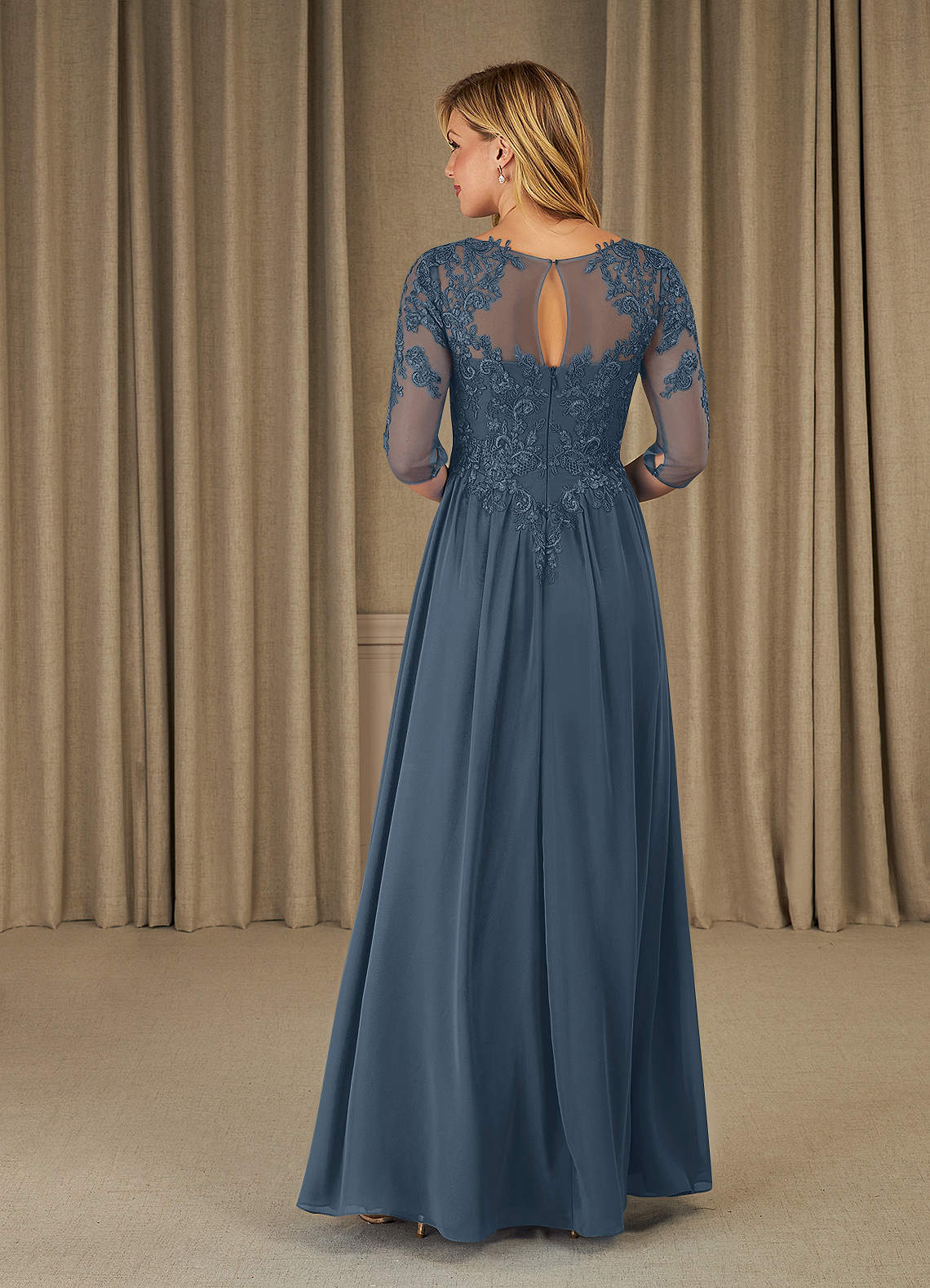 Mirielle A-Line Scoop-Neck Chiffon and Lace Mother of the Bride Dress in Neptune