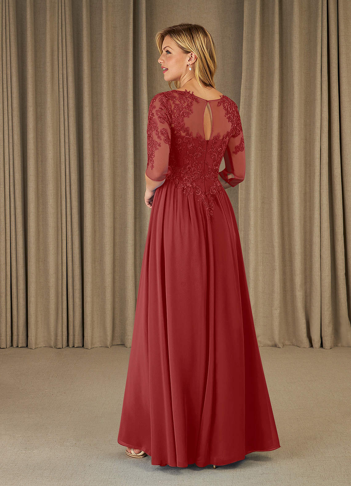 Mirielle A-Line Scoop-Neck Chiffon and Lace Mother of the Bride Dress in Burgundy