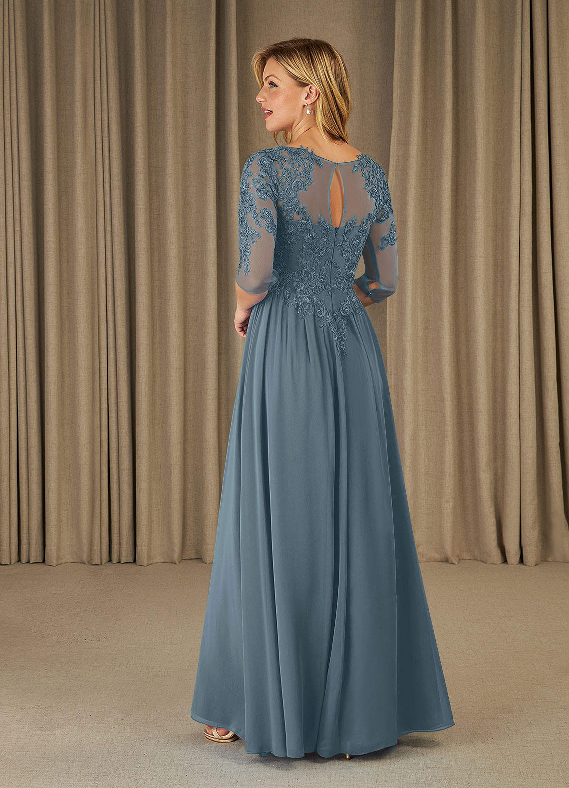 Mirielle A-Line Scoop-Neck Chiffon and Lace Mother of the Bride Dress in Twilight