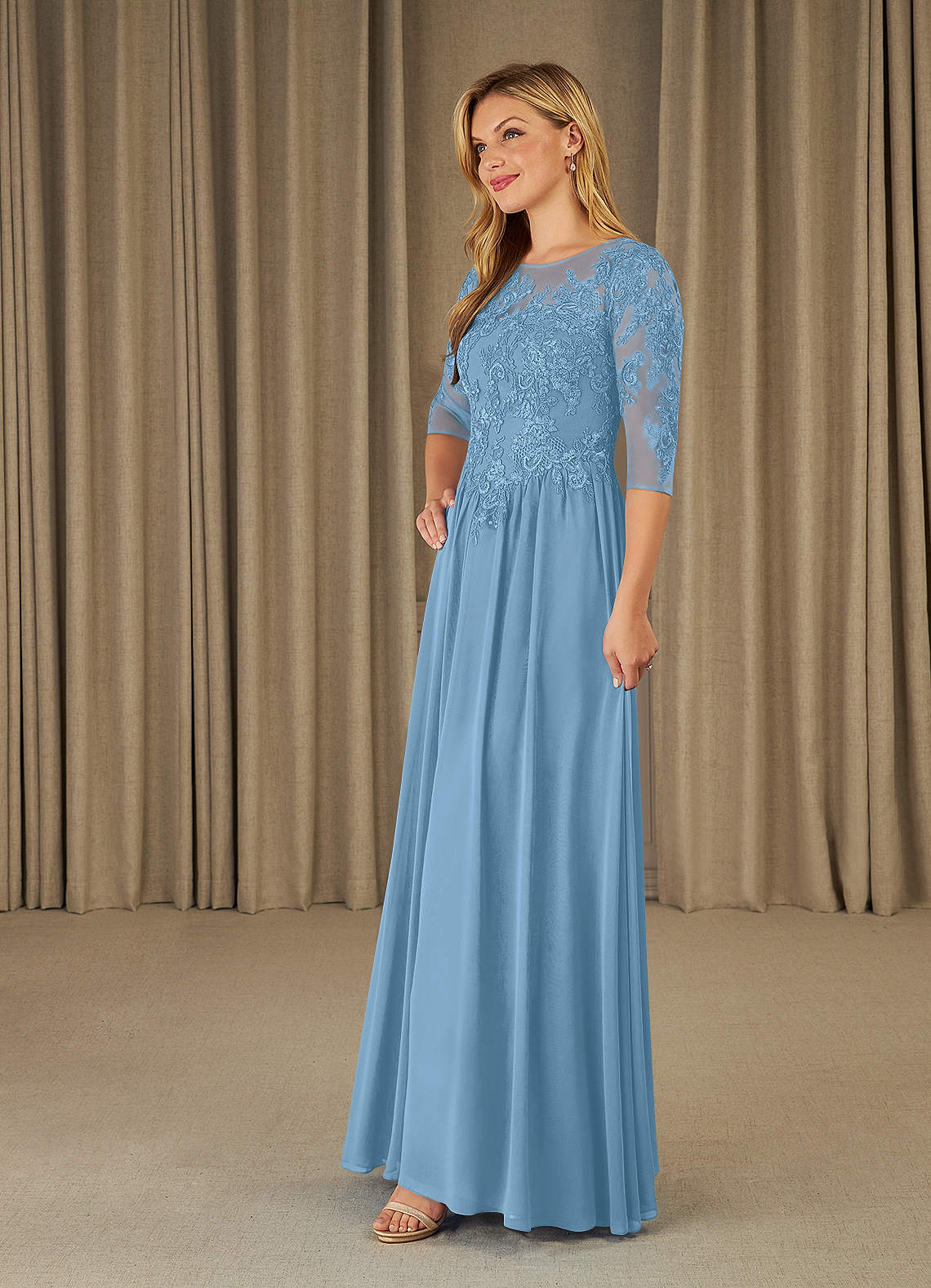 Mirielle A-Line Scoop-Neck Chiffon and Lace Mother of the Bride Dress in Steel Blue