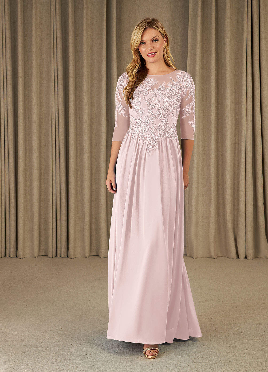 Mirielle A-Line Scoop-Neck Chiffon and Lace Mother of the Bride Dress in Blushing Pink