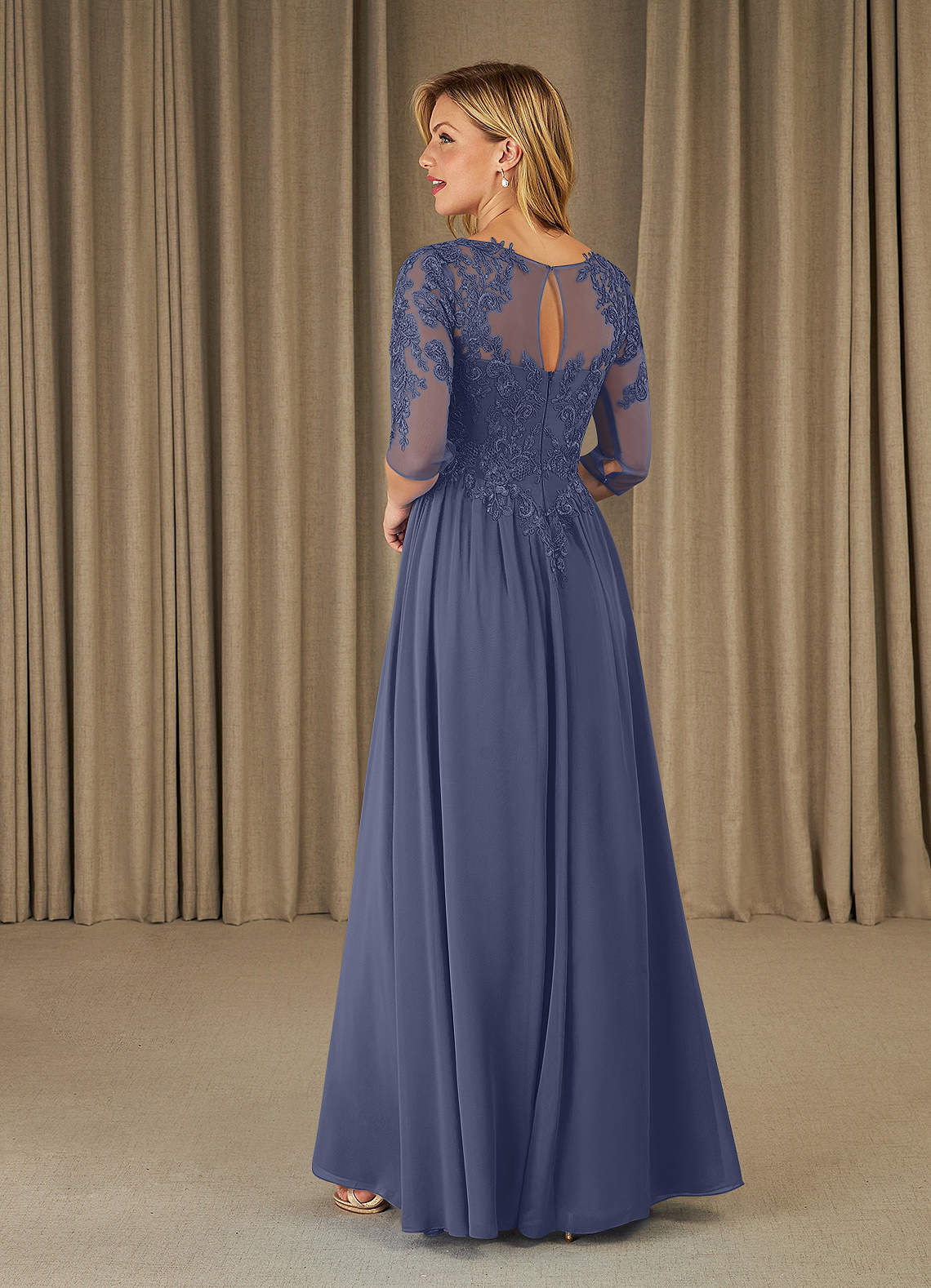Mirielle A-Line Scoop-Neck Chiffon and Lace Mother of the Bride Dress in Stormy