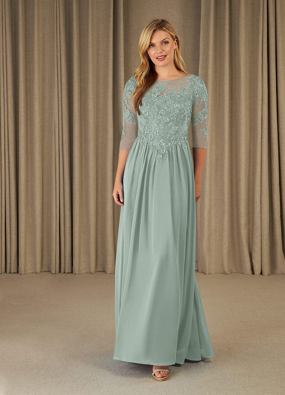 Mirielle A-Line Scoop-Neck Chiffon and Lace Mother of the Bride Dress in Agave