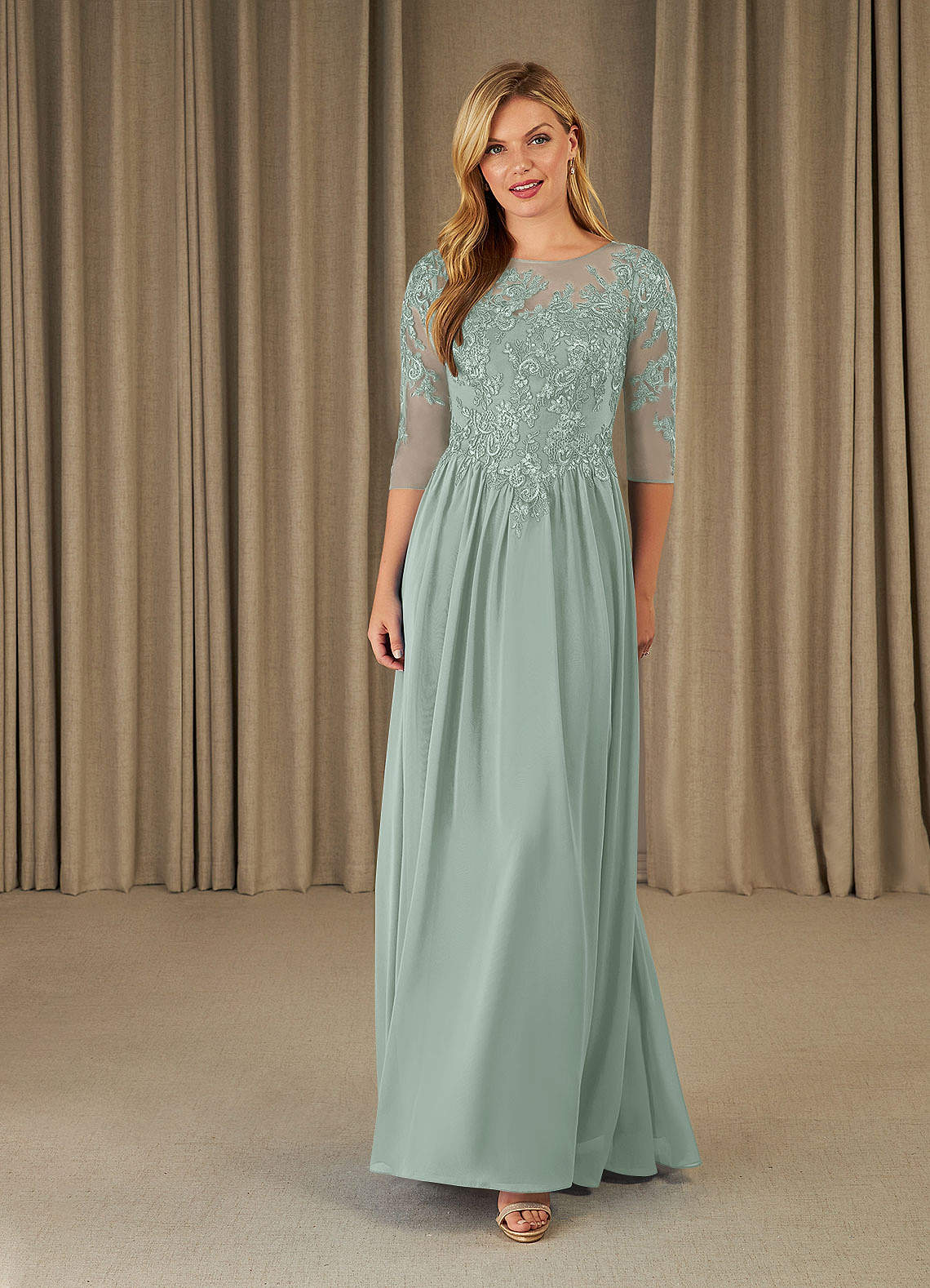 Mirielle A-Line Scoop-Neck Chiffon and Lace Mother of the Bride Dress in Agave