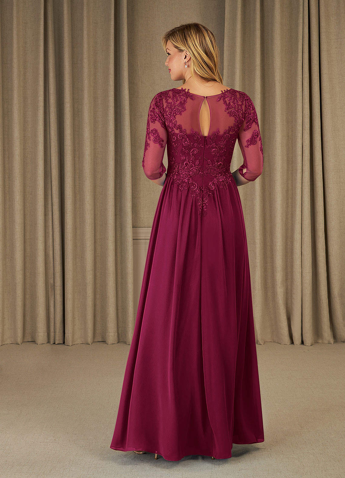 Mirielle A-Line Scoop-Neck Chiffon and Lace Mother of the Bride Dress in Cabernet
