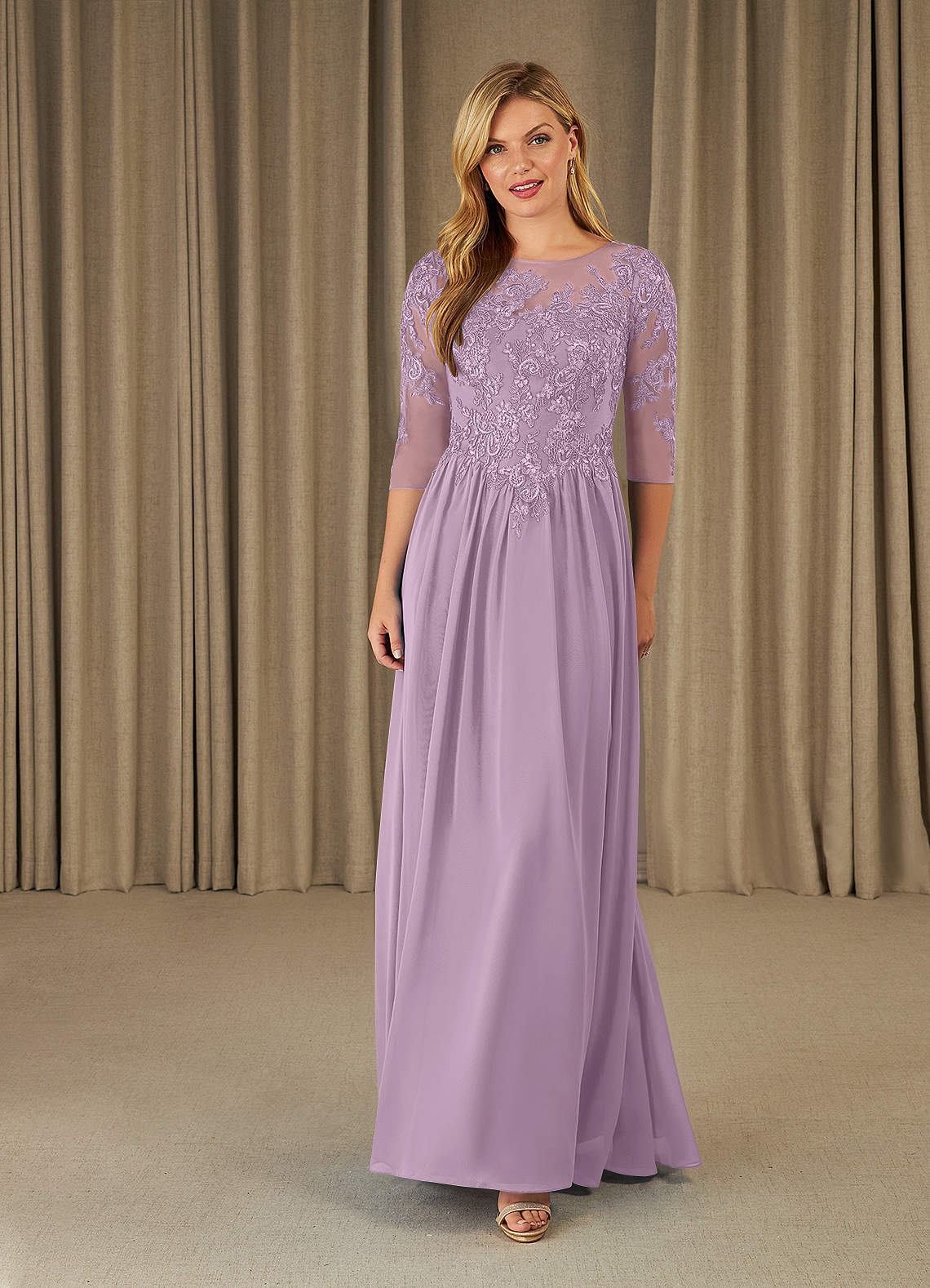 Mirielle A-Line Scoop-Neck Chiffon and Lace Mother of the Bride Dress in Wisteria