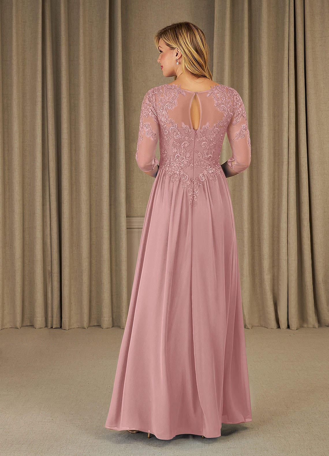 Mirielle A-Line Scoop-Neck Chiffon and Lace Mother of the Bride Dress in Dusty Rose
