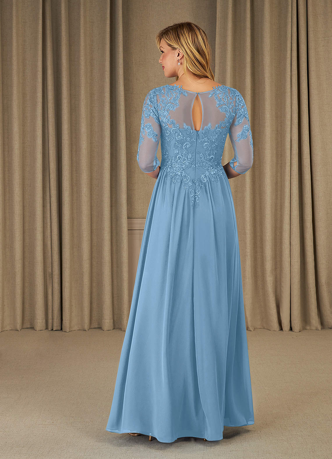 Mirielle A-Line Scoop-Neck Chiffon and Lace Mother of the Bride Dress in Steel Blue