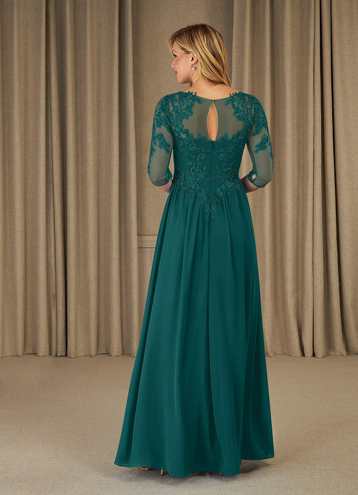 Mirielle A-Line Scoop-Neck Chiffon and Lace Mother of the Bride Dress in Peacock