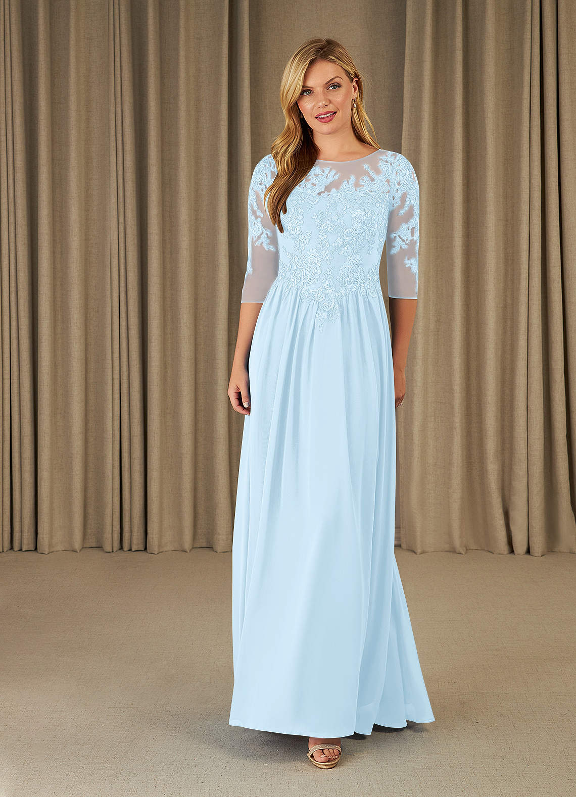 Mirielle A-Line Scoop-Neck Chiffon and Lace Mother of the Bride Dress in Sky Blue