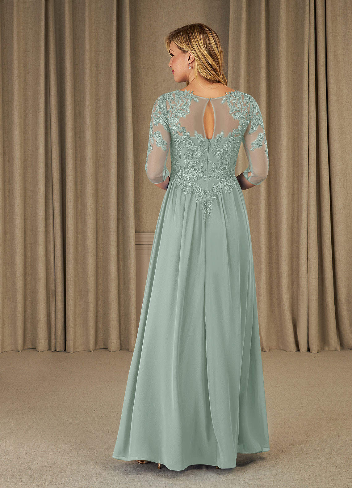 Mirielle A-Line Scoop-Neck Chiffon and Lace Mother of the Bride Dress in Agave