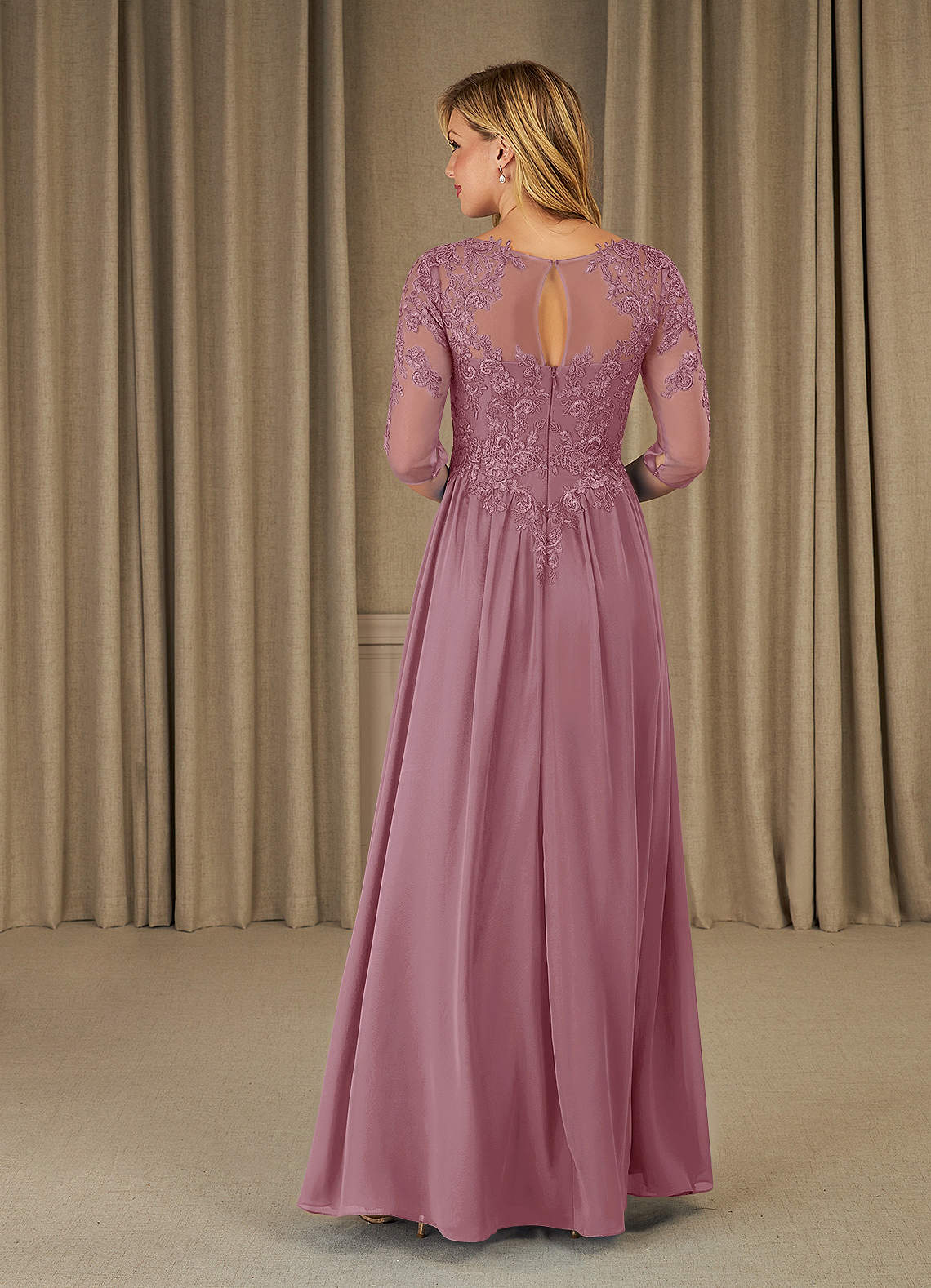 Mirielle A-Line Scoop-Neck Chiffon and Lace Mother of the Bride Dress in Desert Rose