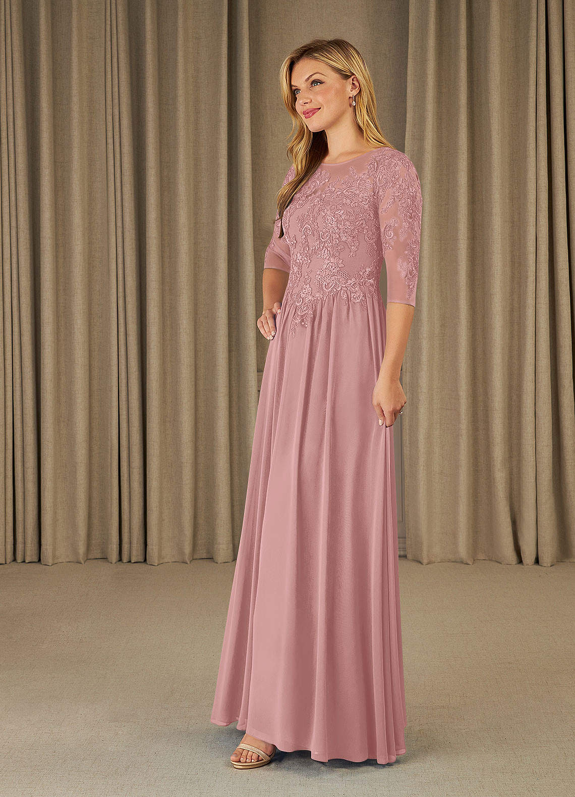 Mirielle A-Line Scoop-Neck Chiffon and Lace Mother of the Bride Dress in Dusty Rose