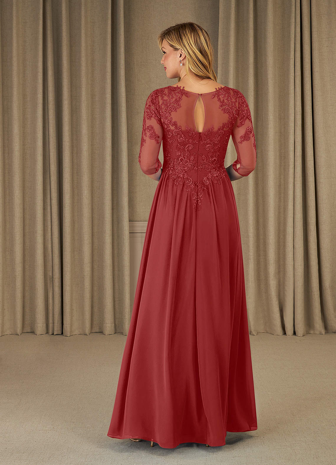 Mirielle A-Line Scoop-Neck Chiffon and Lace Mother of the Bride Dress in Burgundy