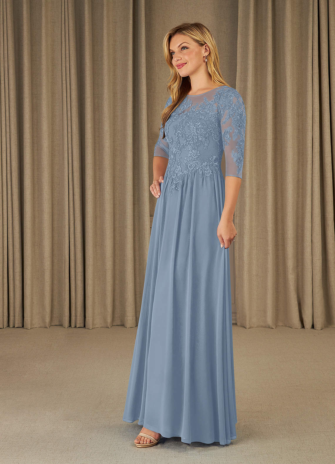 Mirielle A-Line Scoop-Neck Chiffon and Lace Mother of the Bride Dress in dusty blue