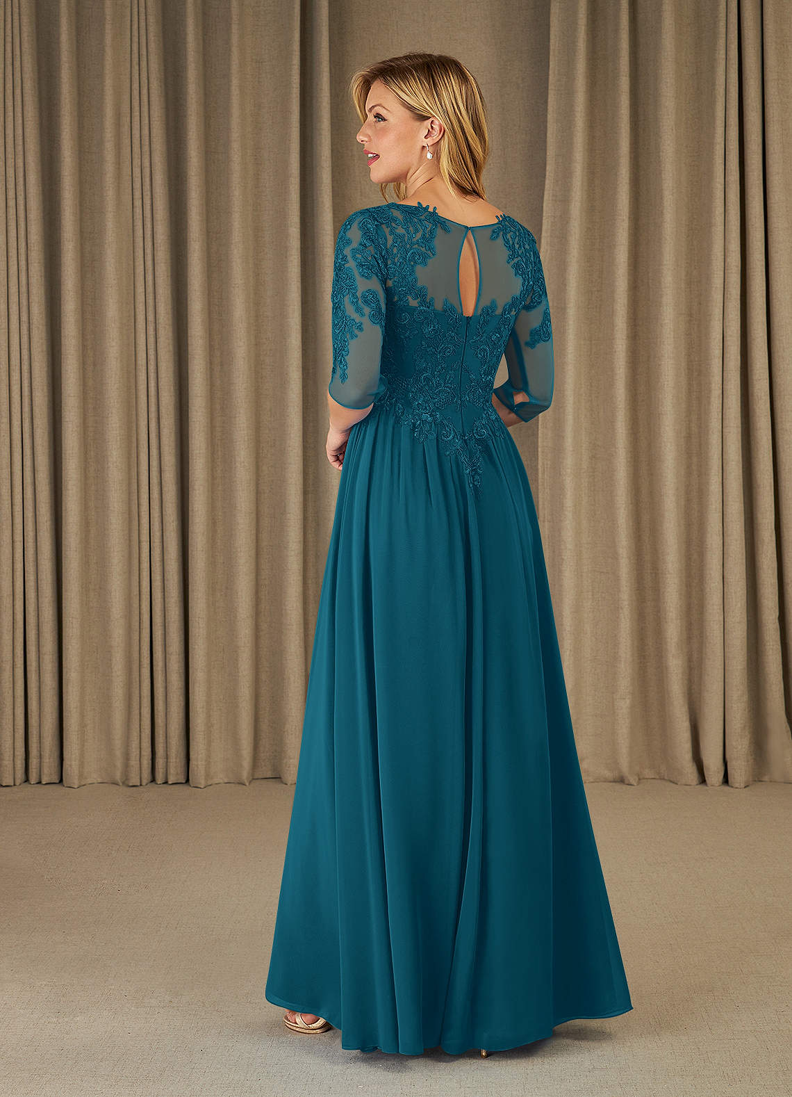 Mirielle A-Line Scoop-Neck Chiffon and Lace Mother of the Bride Dress in Ink Blue