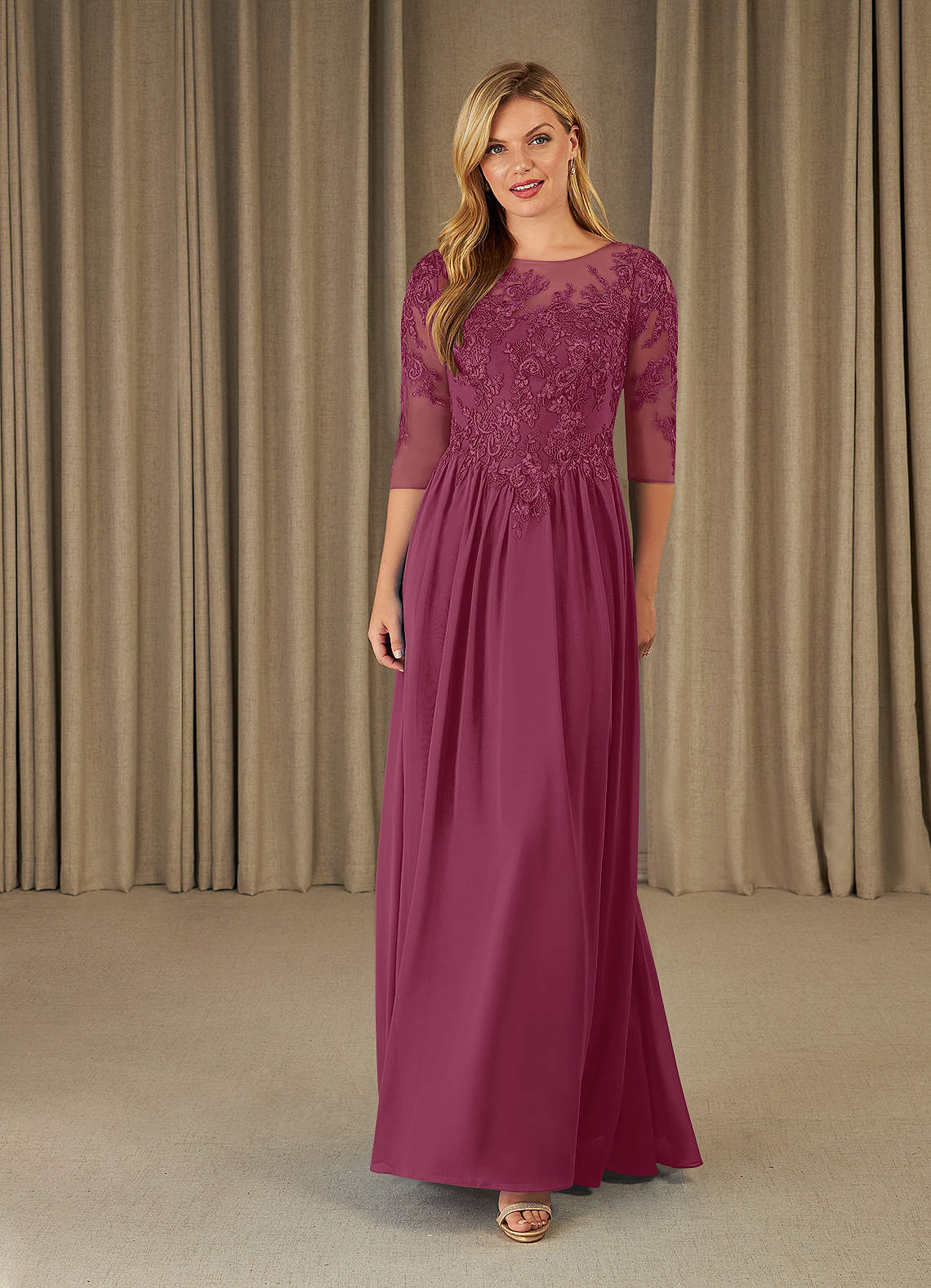 Mirielle A-Line Scoop-Neck Chiffon and Lace Mother of the Bride Dress in Rust