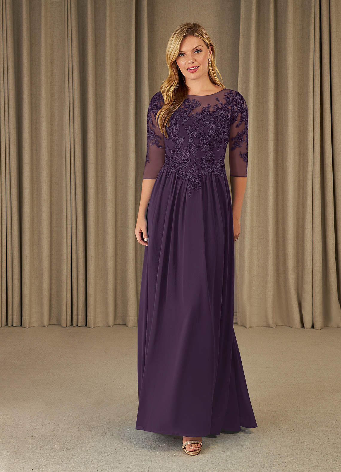 Mirielle A-Line Scoop-Neck Chiffon and Lace Mother of the Bride Dress in Dusk