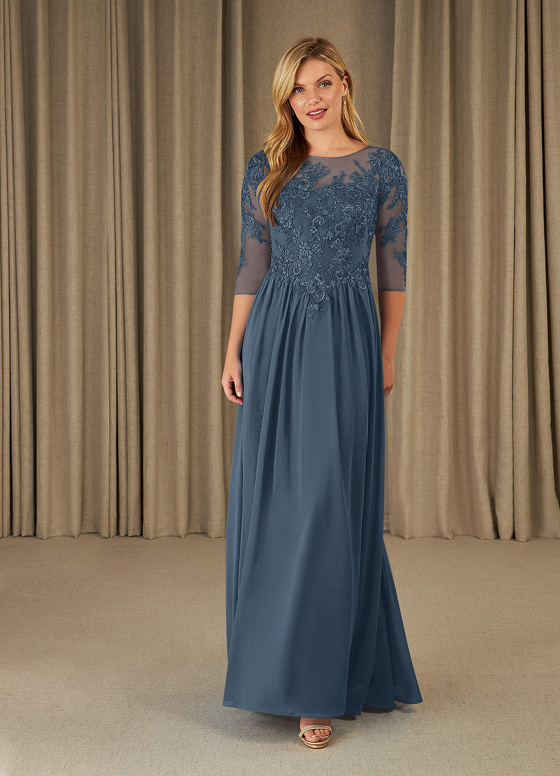 Mirielle A-Line Scoop-Neck Chiffon and Lace Mother of the Bride Dress in Neptune