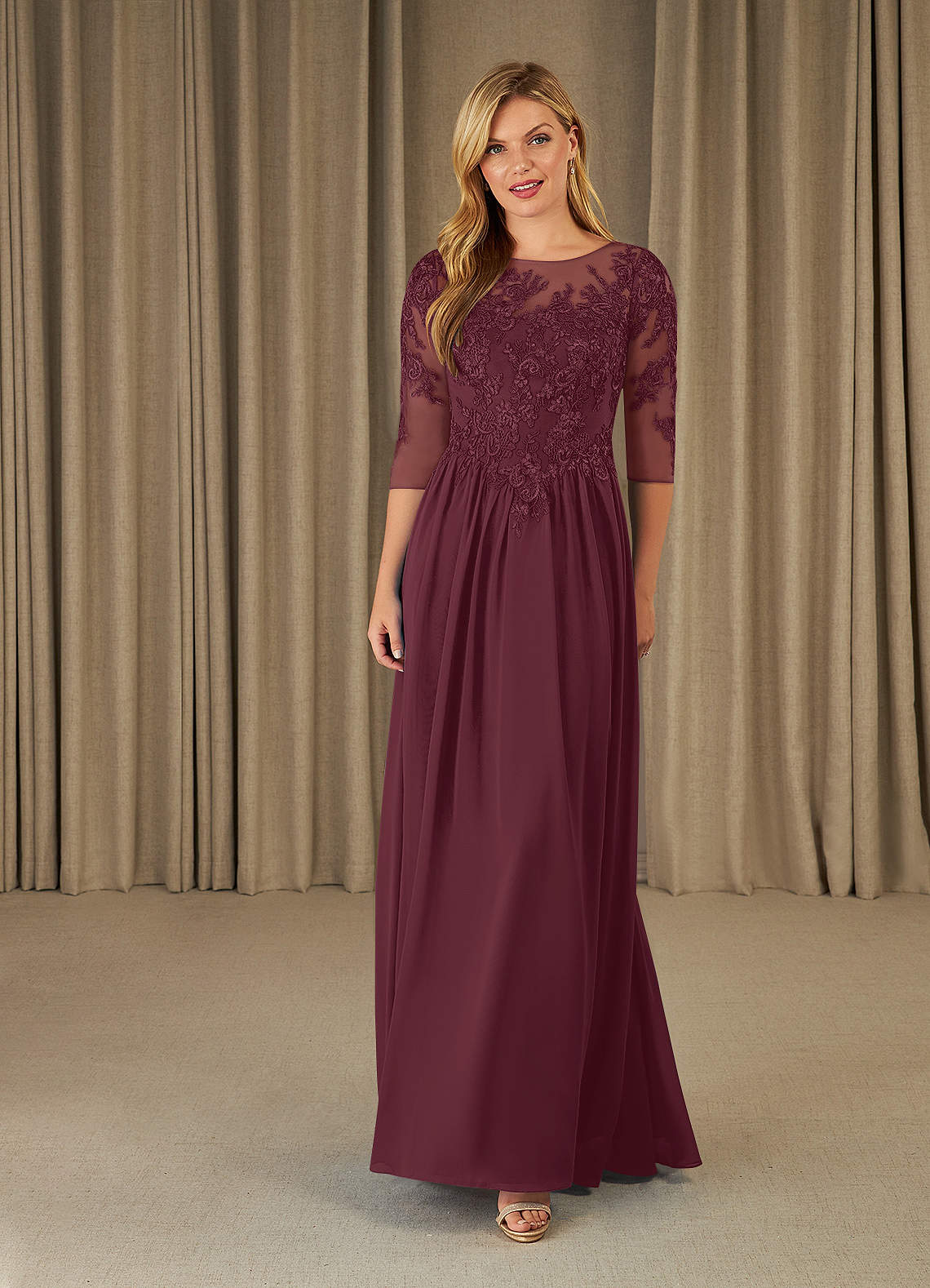 Mirielle A-Line Scoop-Neck Chiffon and Lace Mother of the Bride Dress in champagne