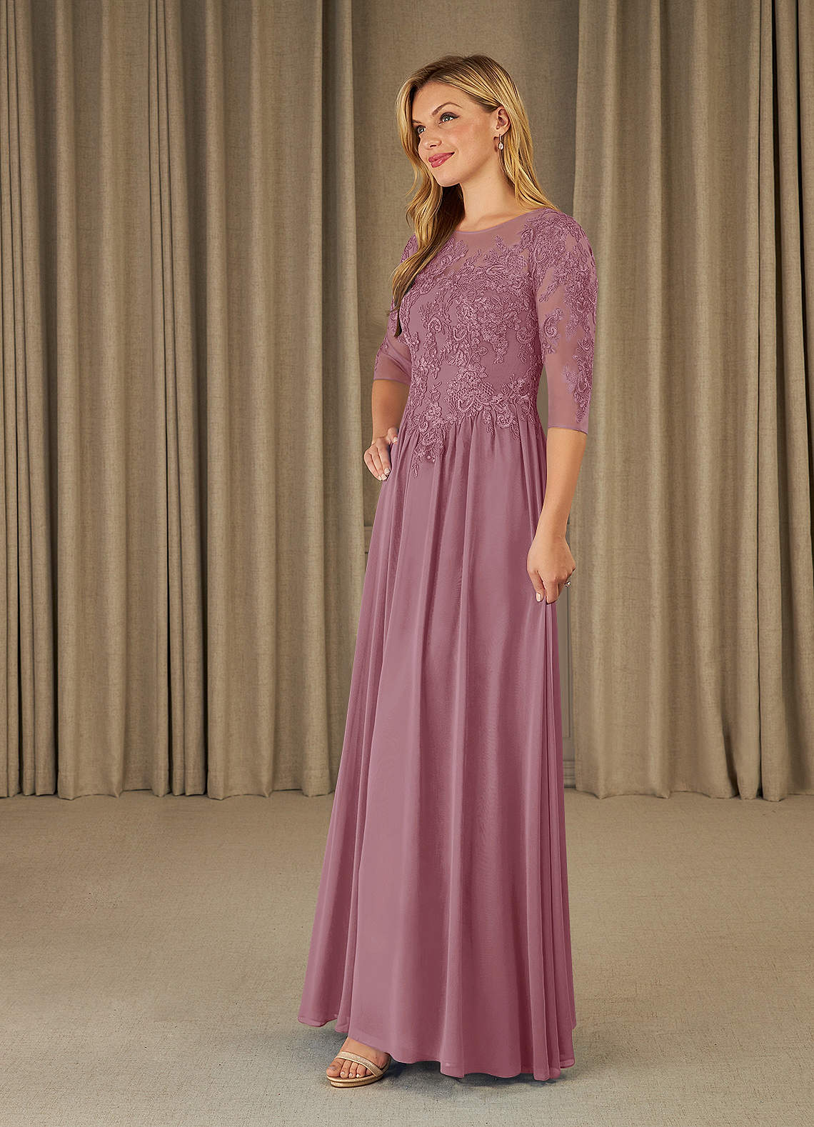 Mirielle A-Line Scoop-Neck Chiffon and Lace Mother of the Bride Dress in Desert Rose