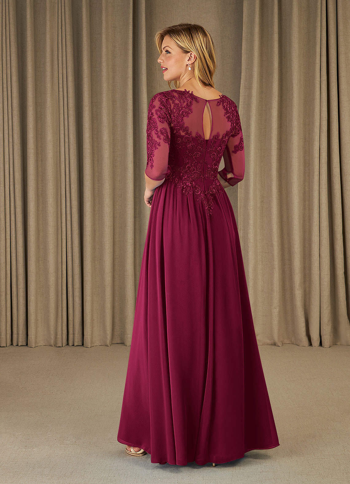 Mirielle A-Line Scoop-Neck Chiffon and Lace Mother of the Bride Dress in Cabernet