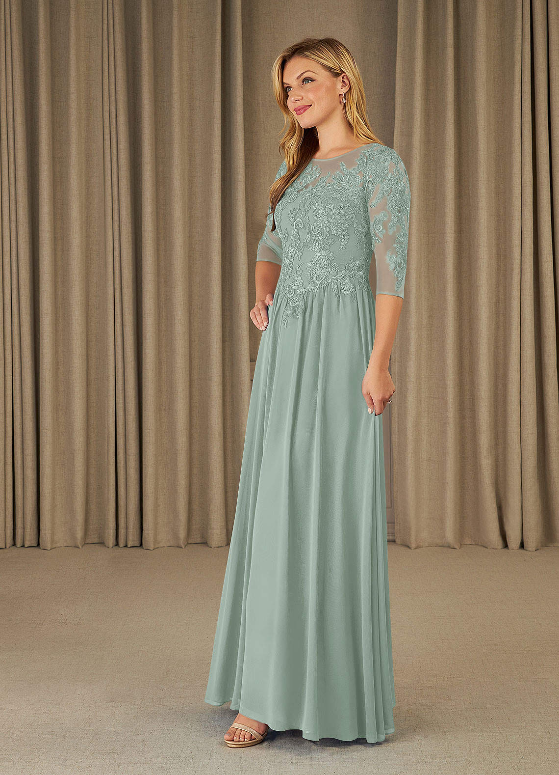 Mirielle A-Line Scoop-Neck Chiffon and Lace Mother of the Bride Dress in Agave