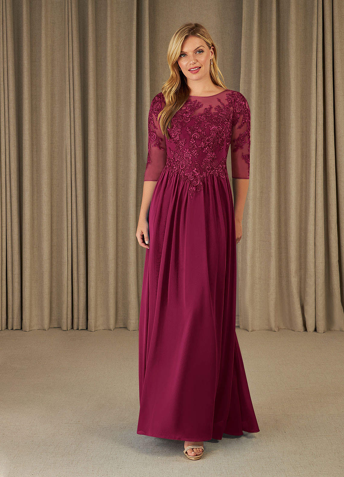 Mirielle A-Line Scoop-Neck Chiffon and Lace Mother of the Bride Dress in Cabernet
