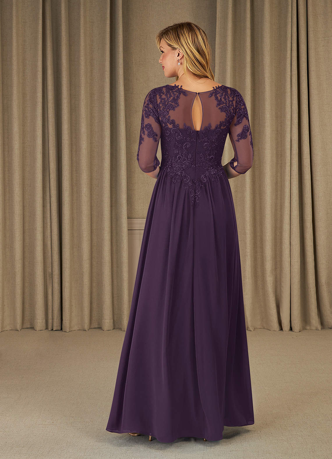 Mirielle A-Line Scoop-Neck Chiffon and Lace Mother of the Bride Dress in Mulberry