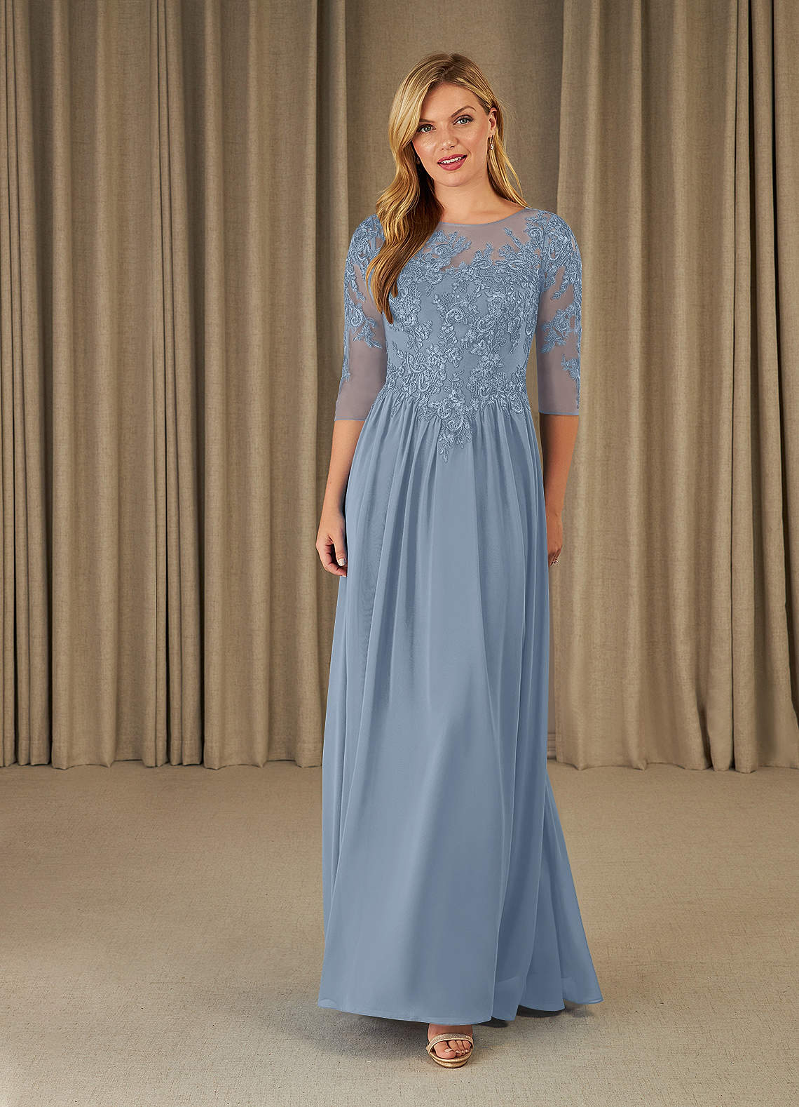 Mirielle A-Line Scoop-Neck Chiffon and Lace Mother of the Bride Dress in dusty blue