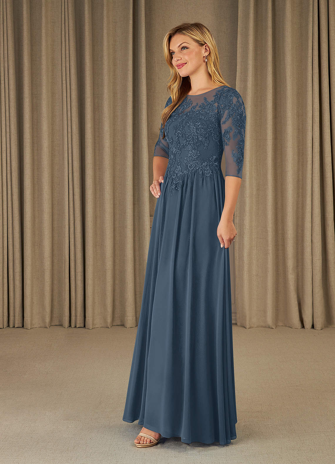 Mirielle A-Line Scoop-Neck Chiffon and Lace Mother of the Bride Dress in Neptune