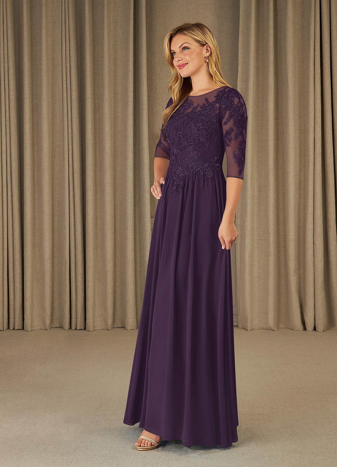 Mirielle A-Line Scoop-Neck Chiffon and Lace Mother of the Bride Dress in Mulberry